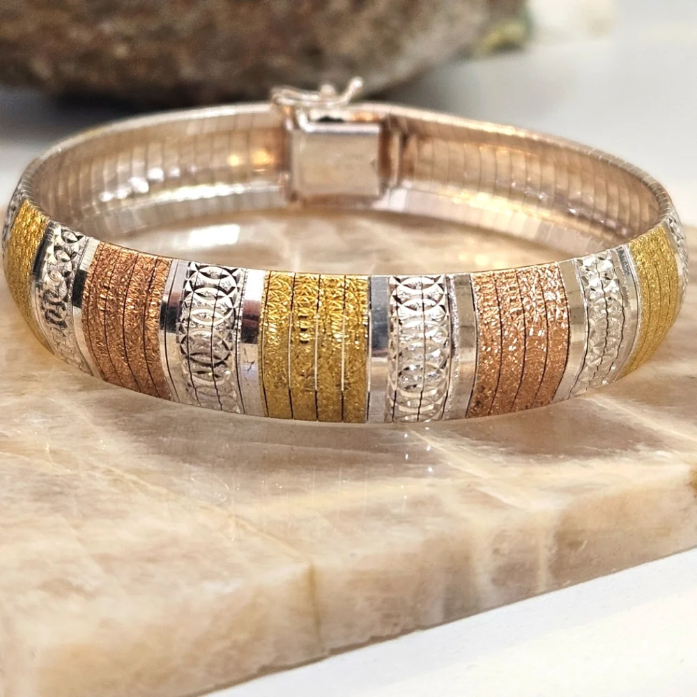 JCM Gold Over Sterling Silver Bracelet 3 Color Vermeil Omega Flex Bangle Italy